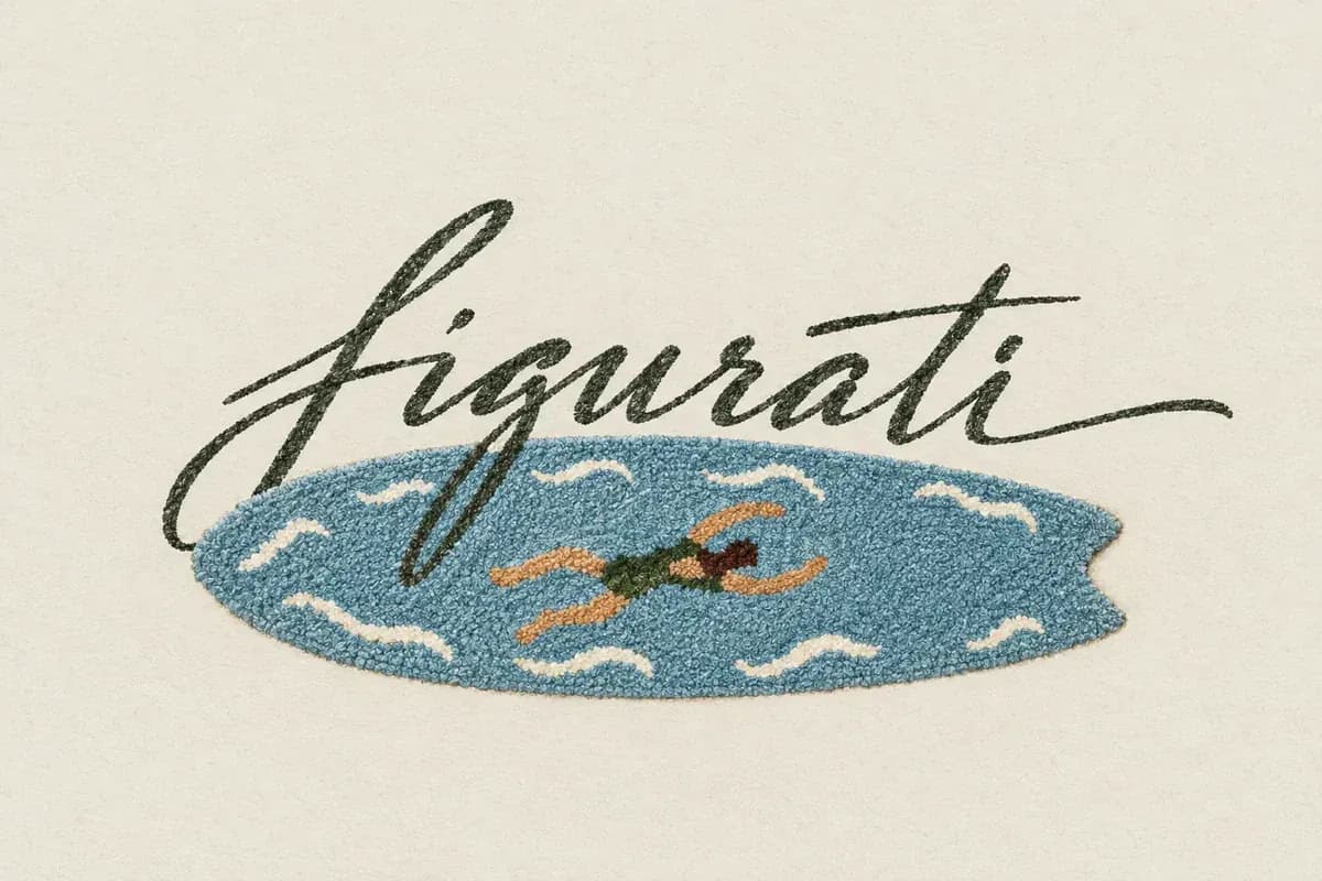 Figurati logo, a hand-lettered wordmark over an embroidered swimmer on a surfboard