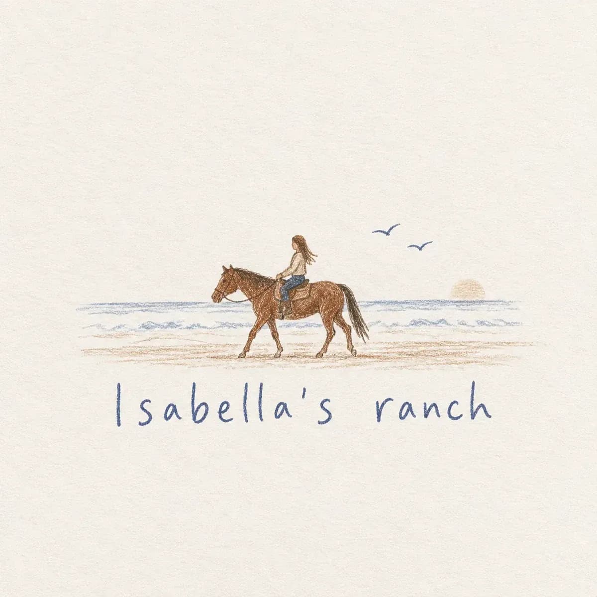 Isabella's Ranch logo, an illustrated horse and rider on the beach