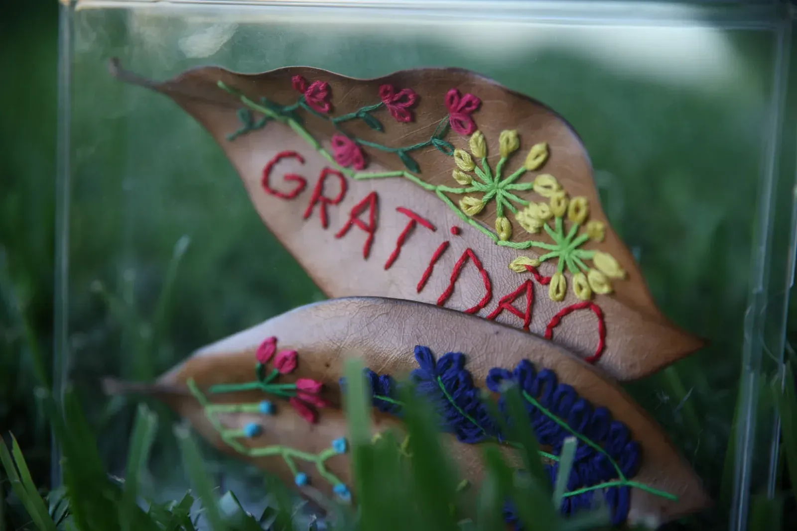Hand-embroidered leaf reading "Gratidão", photographed on grass