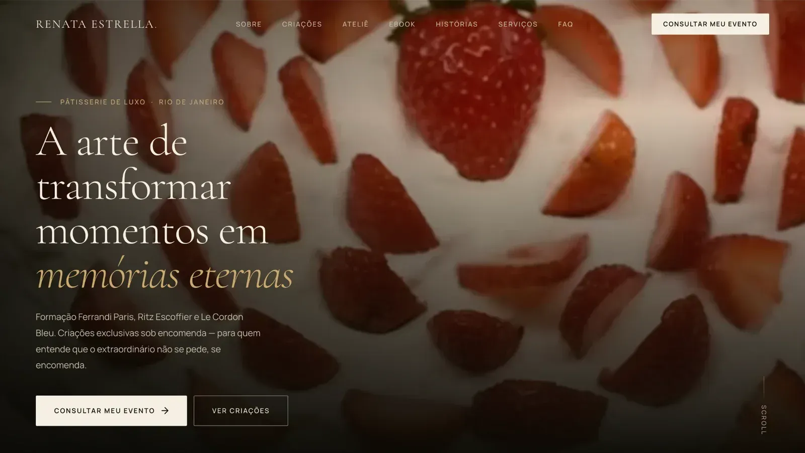 renataestrellapatisserie.com homepage, luxury pâtisserie website designed by The Diniz Studio